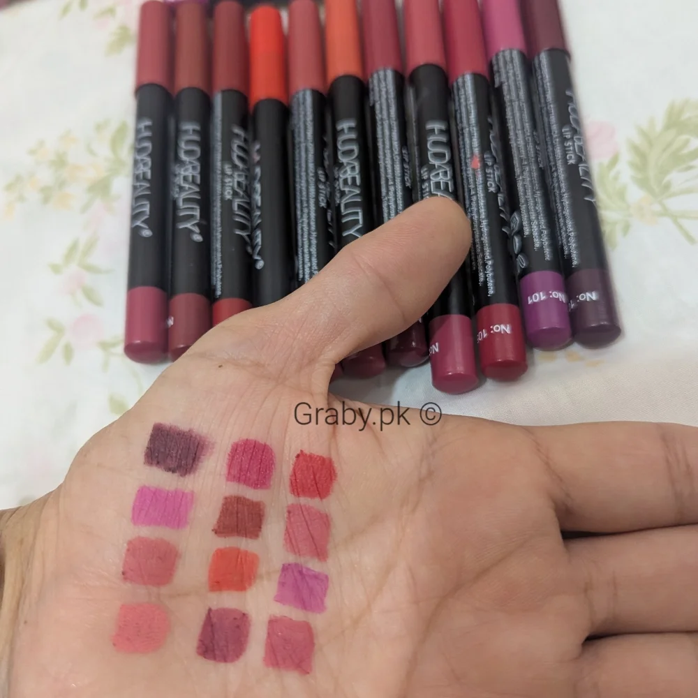 Huda Jumbo Matte Lipstick Pencils Pack Of 12 - Swatches